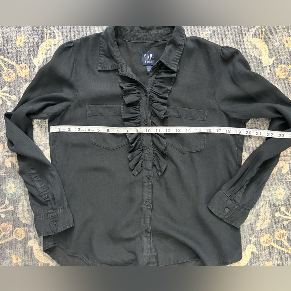 Gap Ruffle Front Black Button Down Top - image 3